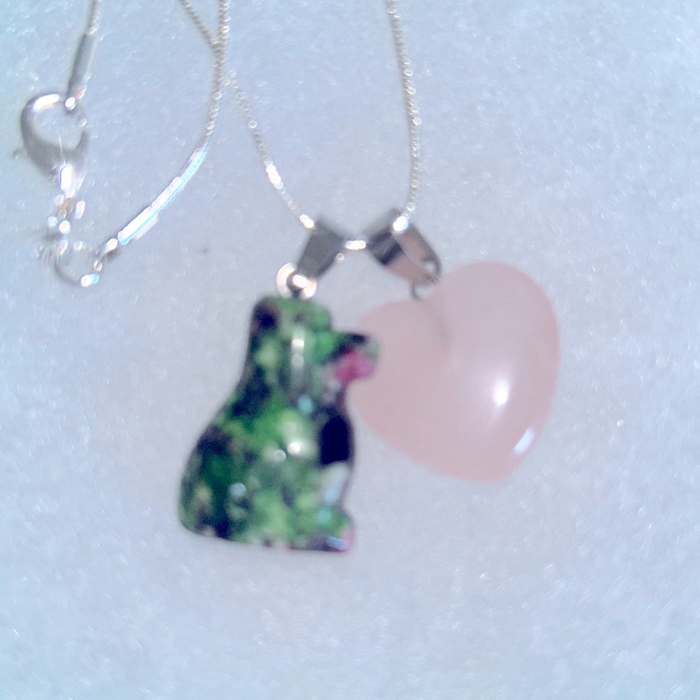 Boho Hippie Ruby in Zoisite Dog and Rose Quartz Heart Silver Necklace …
